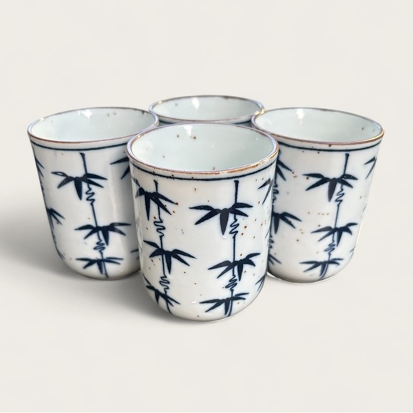 Handmade Other - Set Of 4 Vintage Blue And White Bamboo Motif Stoneware Takahashi Tea Cups
